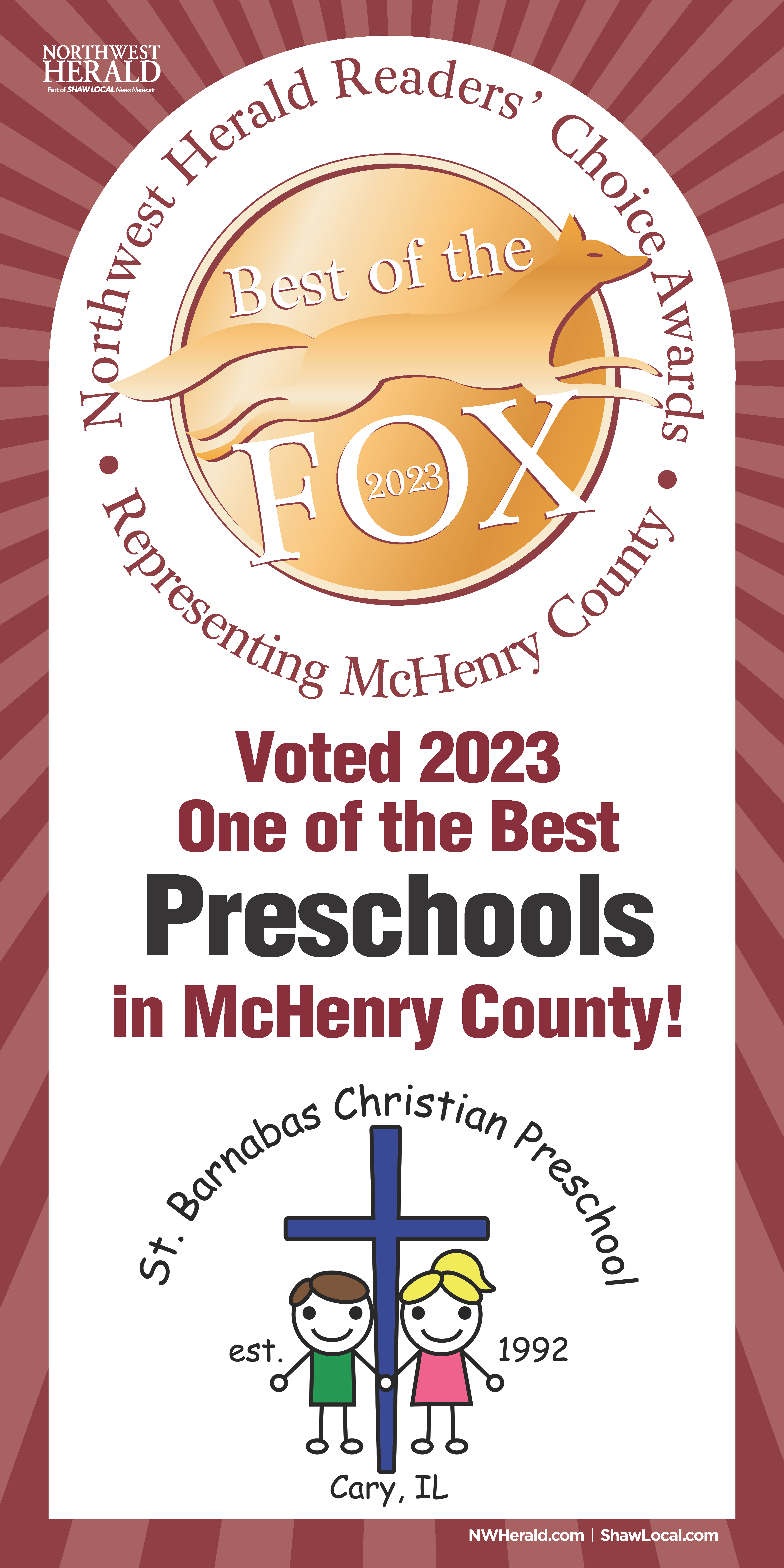 A graphic of the best of the fox 2023 award featuring St. Barnabas Christian Preschool